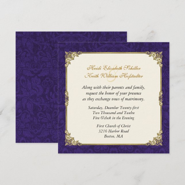 Purple Damask & Vintage Gold Faire-part de mariage (Devant / Derrière)