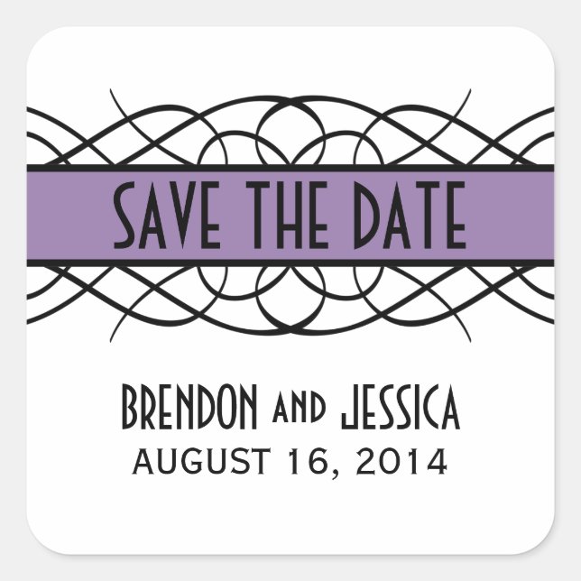Purple Deco Flourish Save the Date Stickers (Devant)