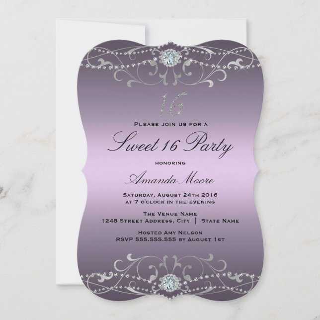 Purple Diamond Damask Sweet 16 Invitation (Devant)