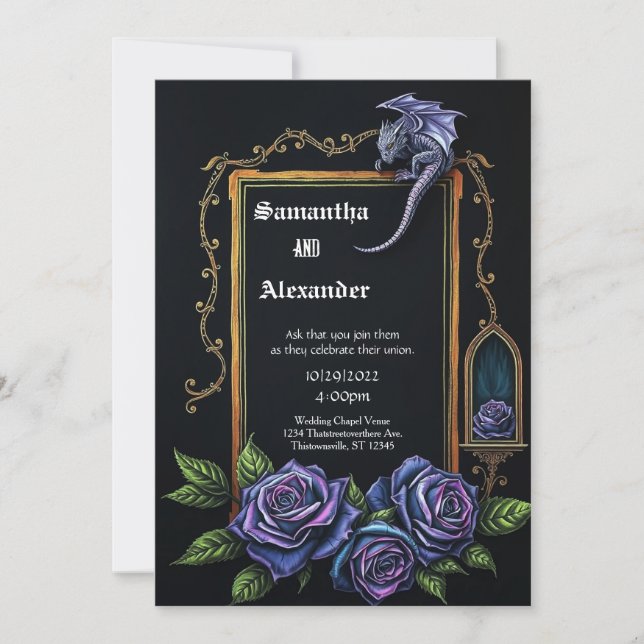 Purple Dragon and Roses Gothic Wedding Invitation (Devant)