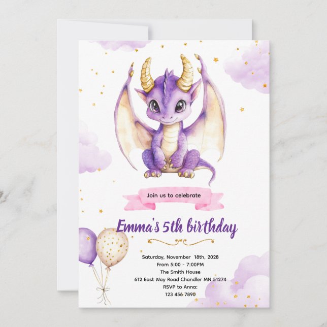 Purple dragon birthday party invitation (Devant)