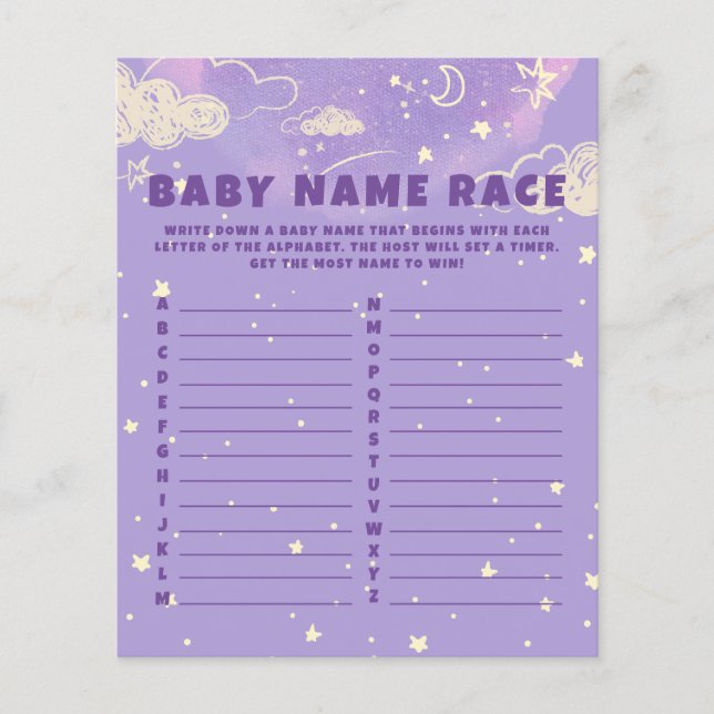 Purple Dream Baby Name Race Baby shower Jeu (Devant)