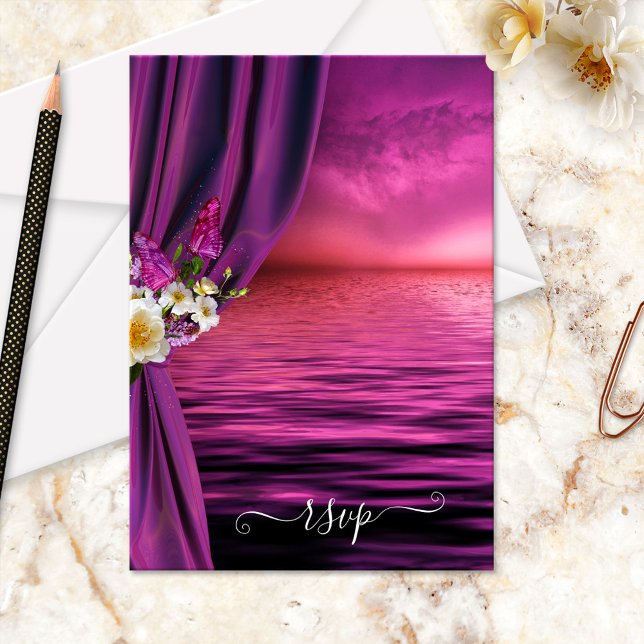 Purple Dream Ocean Butterfly Wedding Carte RSVP (Wedding RSVP card featuring a fine art painting of a purple ocean with roses and butterflies)