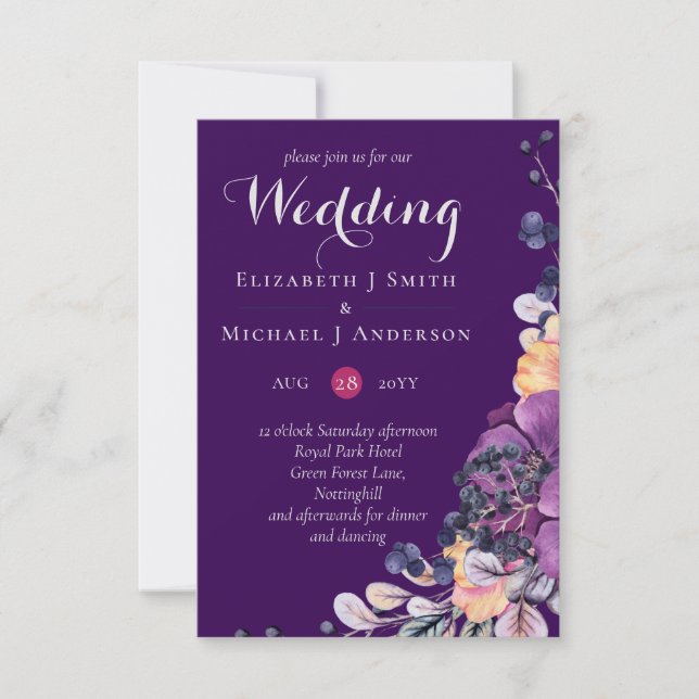 Purple Dynasty Dark Floral Budget Mariage Invite (Devant)