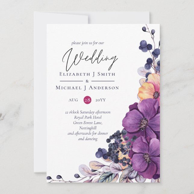 Purple Dynasty Dark Floral Budget Mariage Invite (Devant)