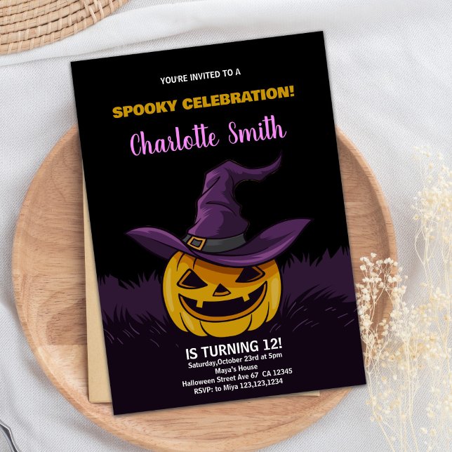 Purple Éffrayant Black Halloween Invitations Anniv (Purple Spooky Black Halloween Birthday Invitations)