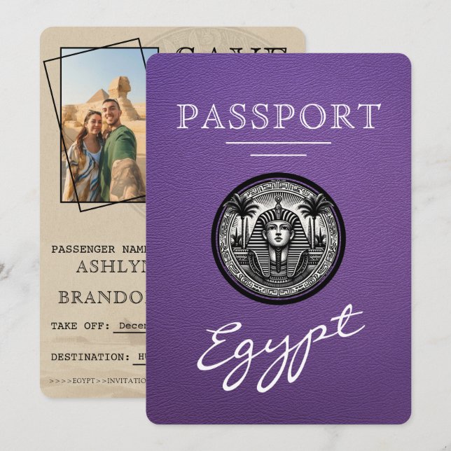 Purple Egypt Passport Wedding Save the Date (Devant / Derrière)