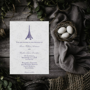 Purple Eiffel Tower Mariage damassé Invitation