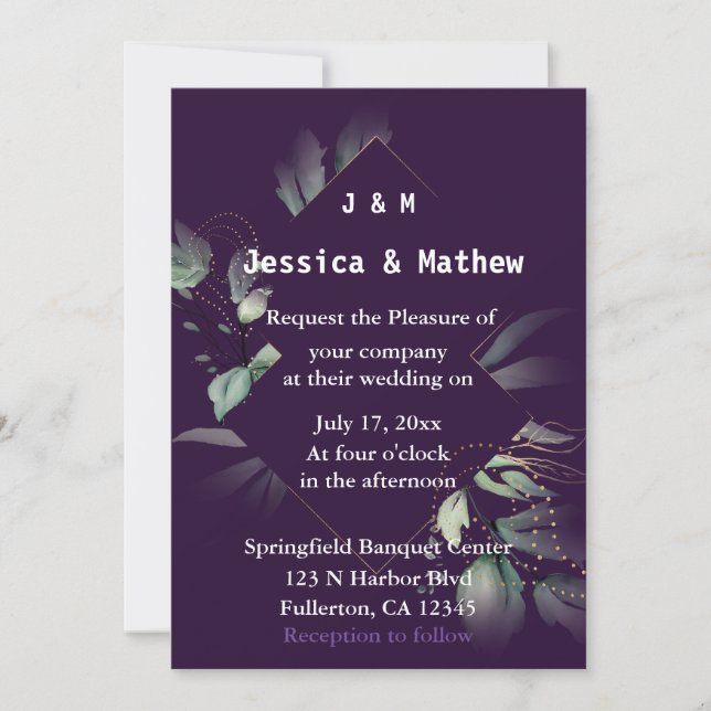 Purple Elegant Faire-part de mariage de verdure (Devant)