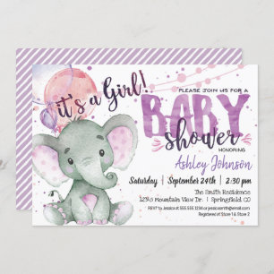 Purple Elephant Baby shower invitation fille