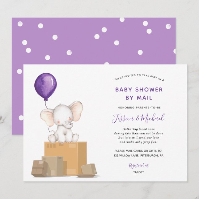 Purple Elephant Baby shower par invitation par cou (Devant / Derrière)