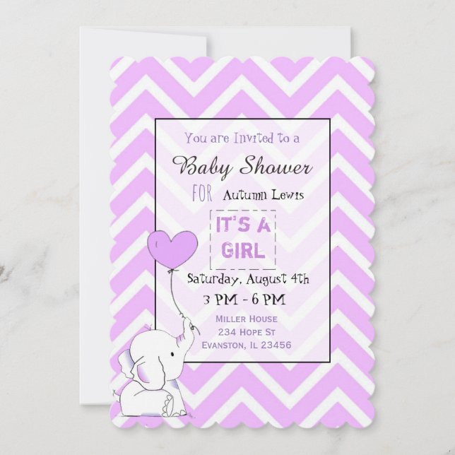 Purple Elephant Themey Baby Shower Invitations (Devant)