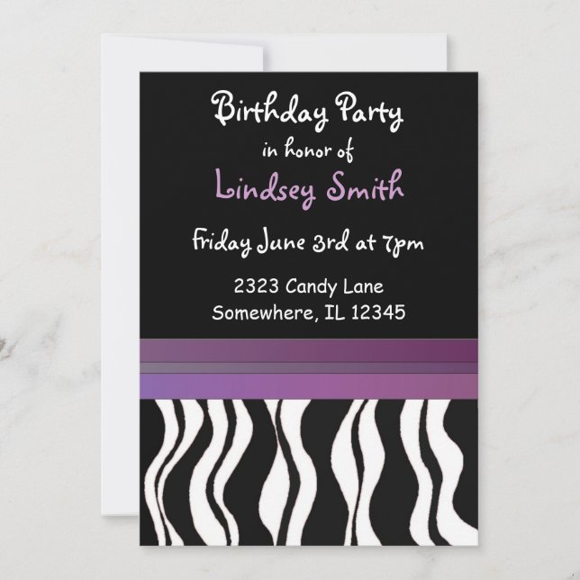 Purple et Black Zebra Imprimer Invitation d'annive (Devant)