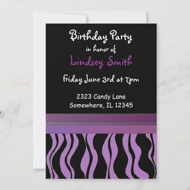 Purple et Black Zebra Imprimer Invitation d'annive (Devant)