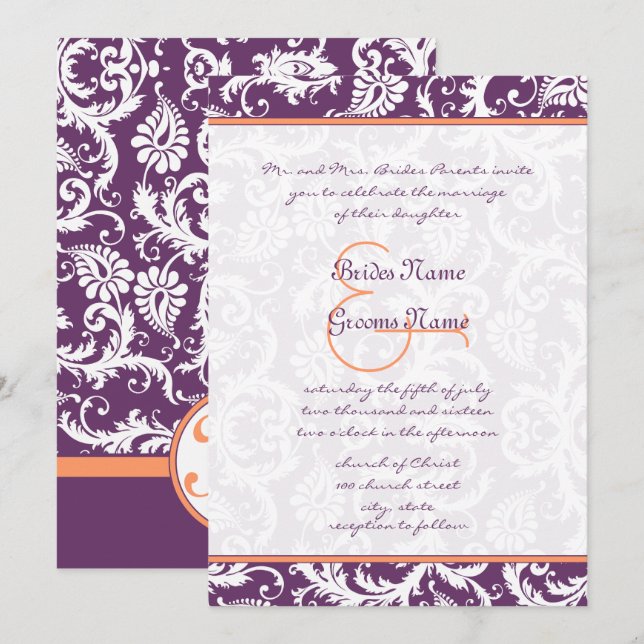 Purple et Coral Damask Swirl Wedding Invitations (Devant / Derrière)