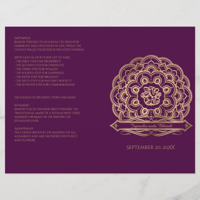 Purple et Gold Mandala Programme de mariage hindou (Devant)