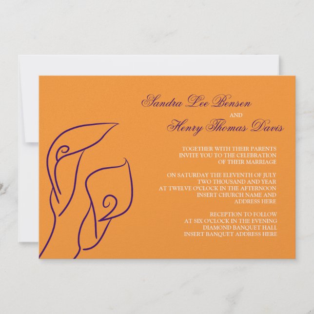 Purple et Orange Calla Lilies Faire-part de mariag (Devant)