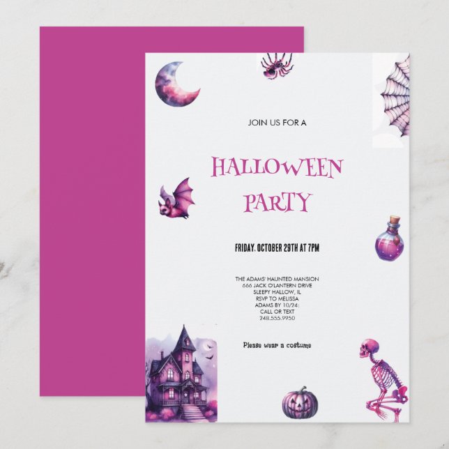 PURPLE ET ROSE HALLOWEWEEN INVITATION PARTI (Devant / Derrière)