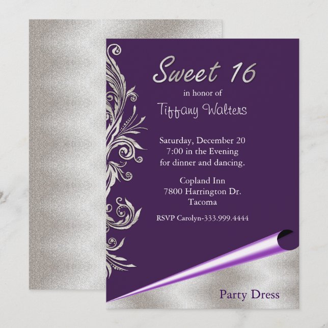 Purple et Silver Sweet 16 Anniversaire Invitation (Devant / Derrière)