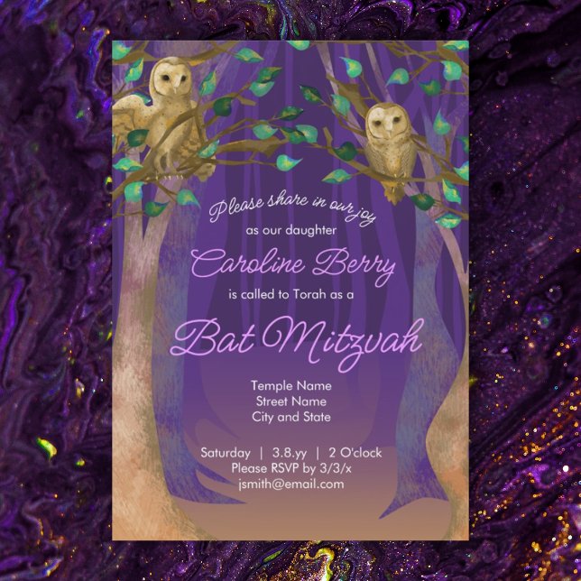 Purple, Feuilles verts, Chouettes Invitation Bat m (purple bat mitzvah invitation owls magical forest trees green leaves)