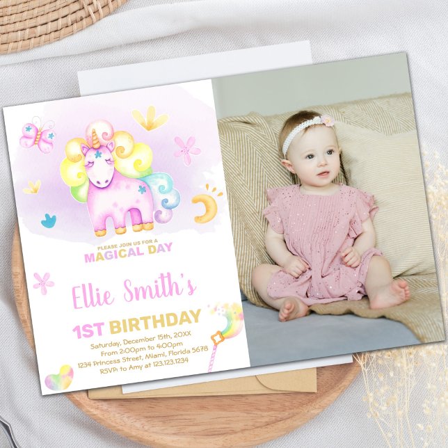 Purple First Unicorn Anniversaire Invitations avec (Purple First Unicorn Birthday Invitations w photo)
