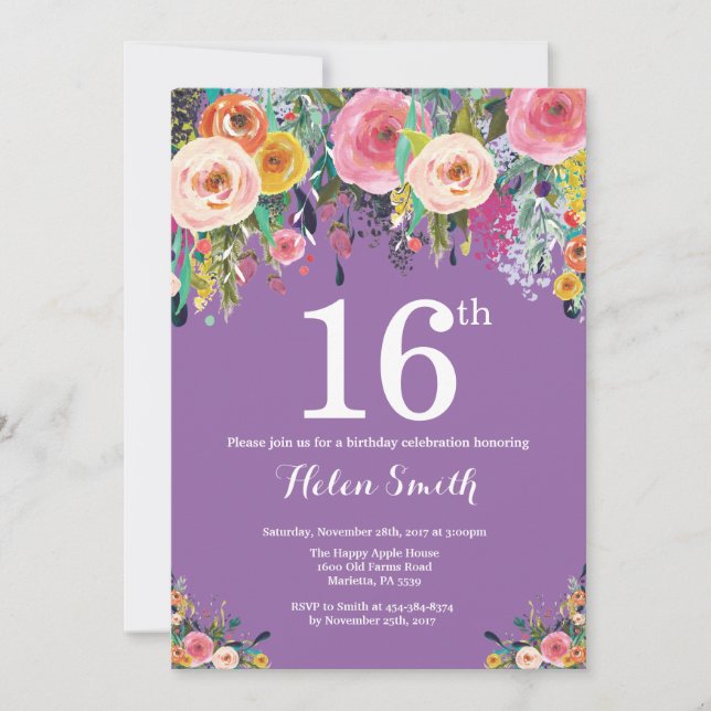 Purple Floral 16e anniversaire Invitation (Devant)