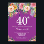 Purple Floral 40e anniversaire Invitation<br><div class="desc">Purple Floral 40e anniversaire Invitation pour les femmes. Fleur florale aquarelle. Arrière - plan violet Lilac Lavender Violet. Rose,  Jaune,  Orange,  Fleur Violette. Anniversaire adulte. Pour plus de personnalisation,  cliquez sur le bouton "Customiser" et utilisez notre outil de conception pour modifier ce modèle.</div>