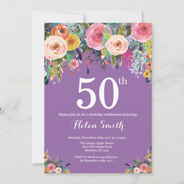 Purple Floral 50e anniversaire Invitation (Devant)