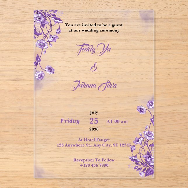 Purple Floral Aquarelle acrylique invitation maria (Recto)
