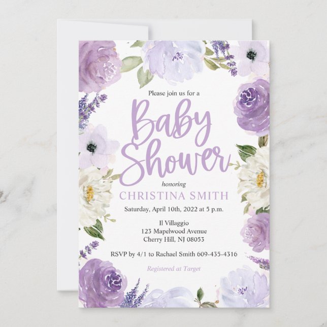Purple Floral Baby Shower Invitations (Devant)