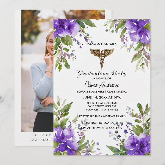 Purple Floral BSN Nursing Graduation Invitation |  (Devant / Derrière)