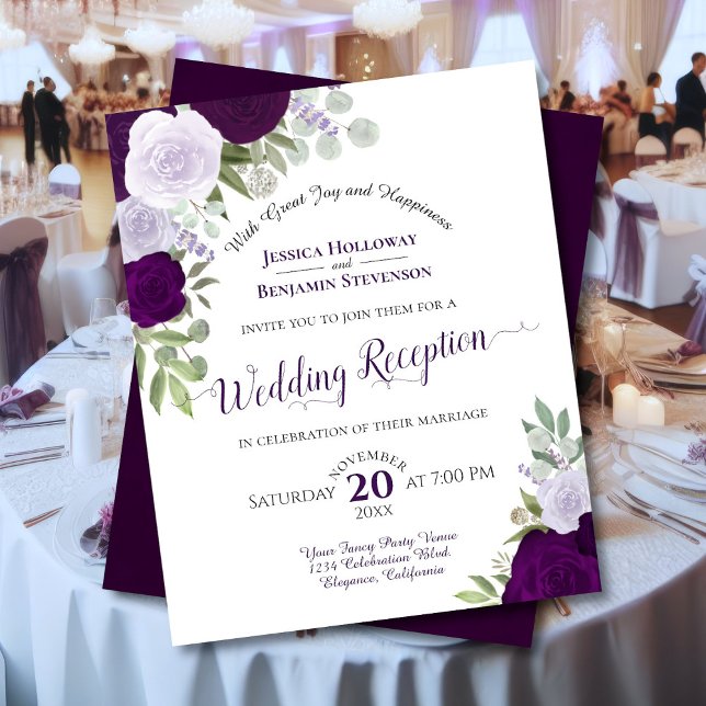Purple Floral Budget Mariage Réception Invitation (Front/Back)