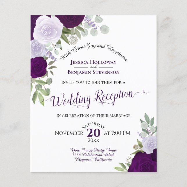 Purple Floral Budget Mariage Réception Invitation (Devant)