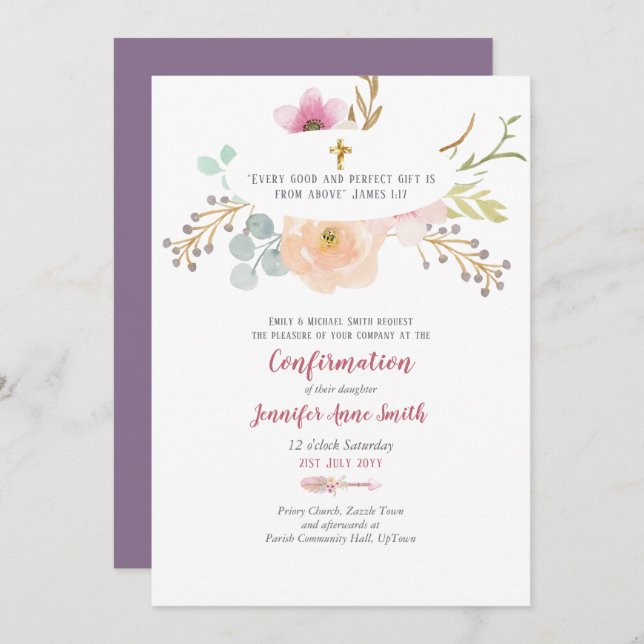 Purple Floral Confirmation Invitation Catholique (Devant / Derrière)