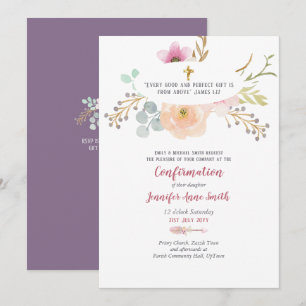 Purple Floral Confirmation Invitation Catholique