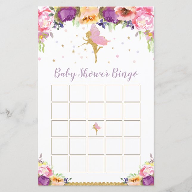 Purple Floral Fairy Baby shower Bingo Jeu (Devant)