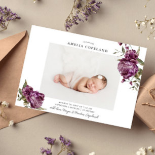 Purple Floral Girl Baby Photo Faire-part de naissa