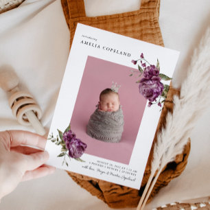 Purple Floral Girl Baby Photo Faire-part de naissa