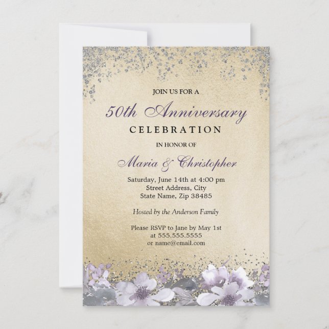 Purple Floral Gold 50e Mariage Invitation Annivers (Devant)
