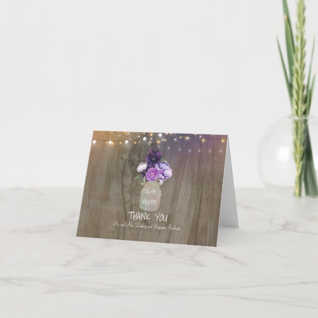 Purple Floral Mason Jar Rustique Mariage Merci (Devant)