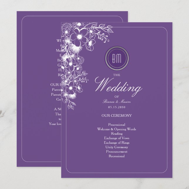 Purple Floral Monogram Wedding Program (Devant / Derrière)