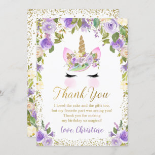 Purple Floral or Unicorne Carte de remerciements d