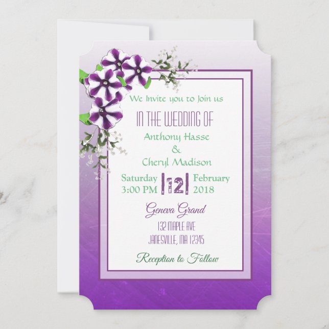 Purple Floral Petunias Lace Mariage Invitations (Devant)