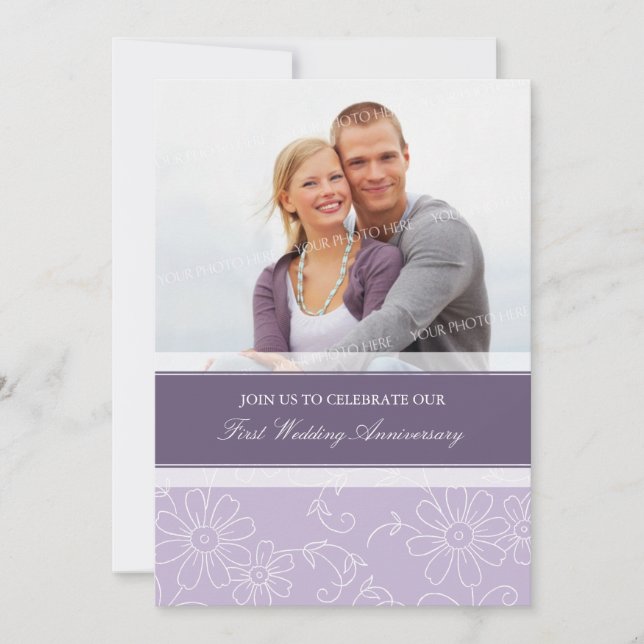 Purple Floral Photo 1er anniversaire Invitation (Devant)