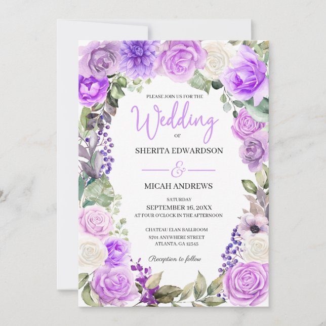 Purple Floral Printemps Invitation de mariage (Devant)