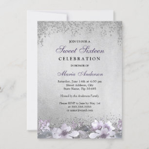 Purple Floral Silver Shimmer Sweet 16 Invitation