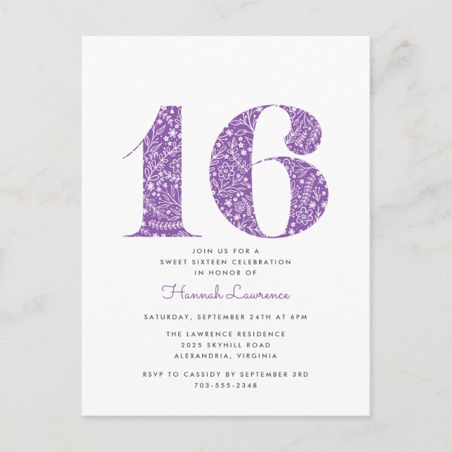 Purple Floral Sweet 16 Anniversaire Invitation (Devant)