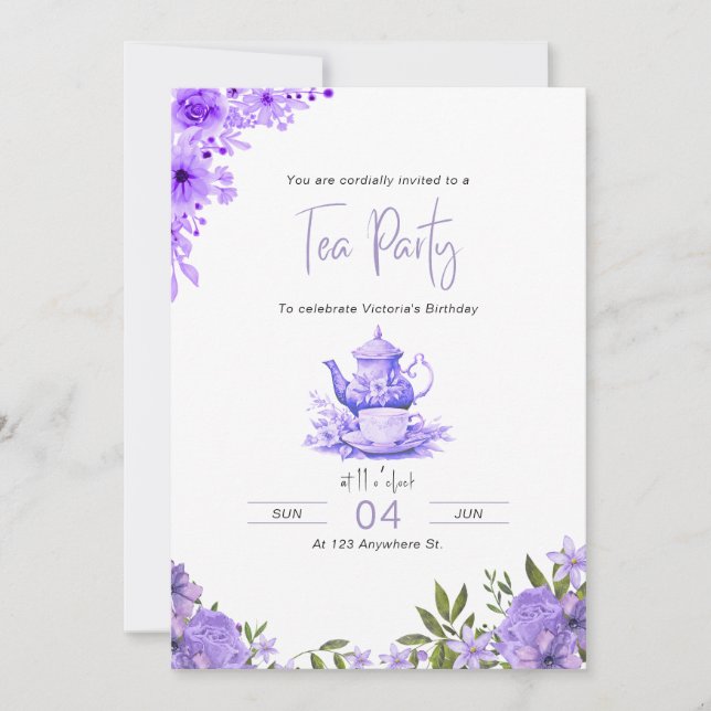 Purple Floral Tea Party Anniversaire Invitation (Devant)