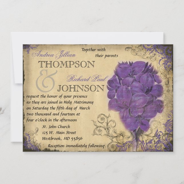 Purple Floral Vintage Mariage Invitation (Devant)
