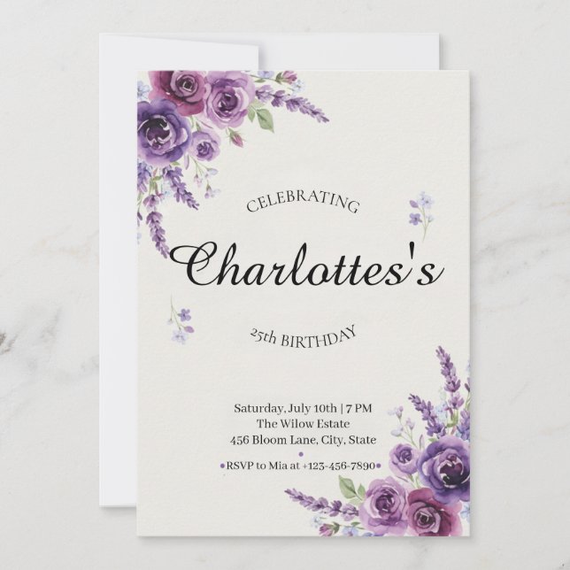 Purple Floral Watercolor Birthday Invitation (Devant)